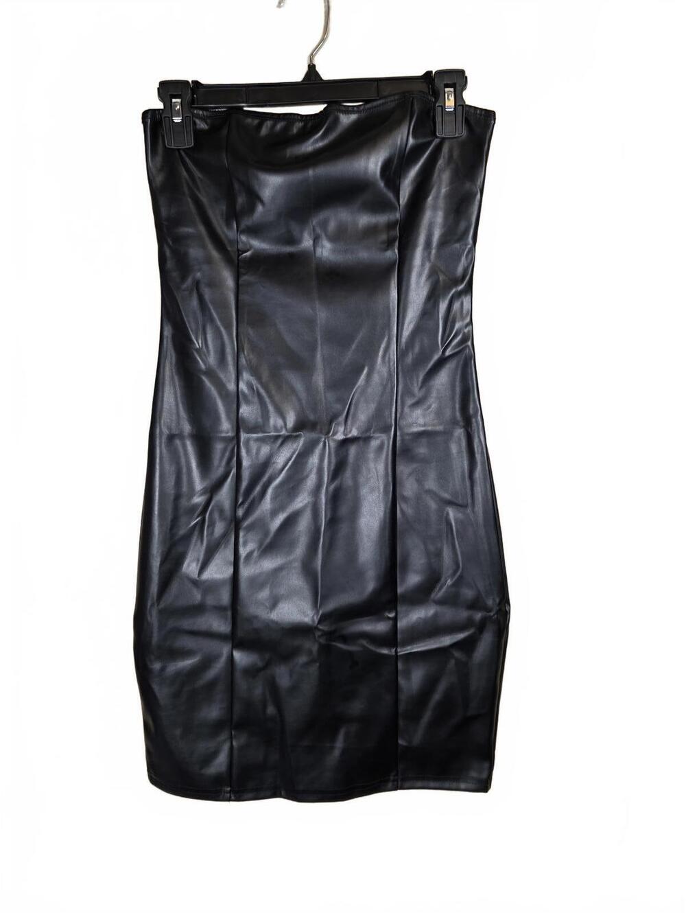 ACHIEER WOMEN STRAPLESS BODYCON PU LEATHER RUCHED BLACK CLUB PARTY DRESS SIZE S